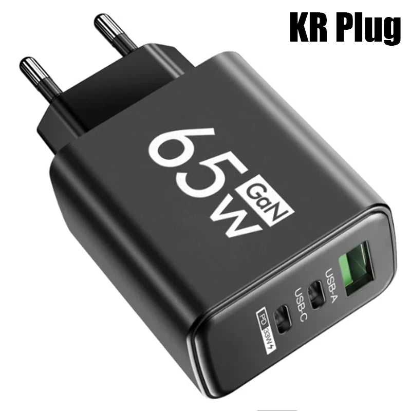 Gan Fast Charging 65W USB Type C Charger EU KR PD 3.0 Quick Charge Wall for Phone Adapter for Iphone 15 Xiaomi Huawei Samsung