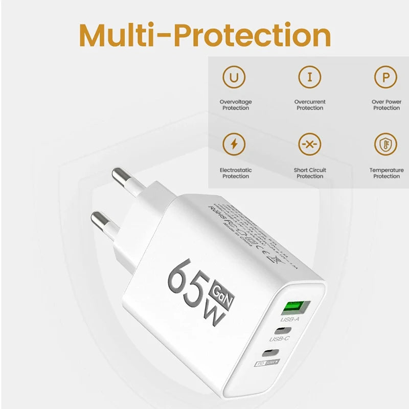 Gan Fast Charging 65W USB Type C Charger EU KR PD 3.0 Quick Charge Wall for Phone Adapter for Iphone 15 Xiaomi Huawei Samsung