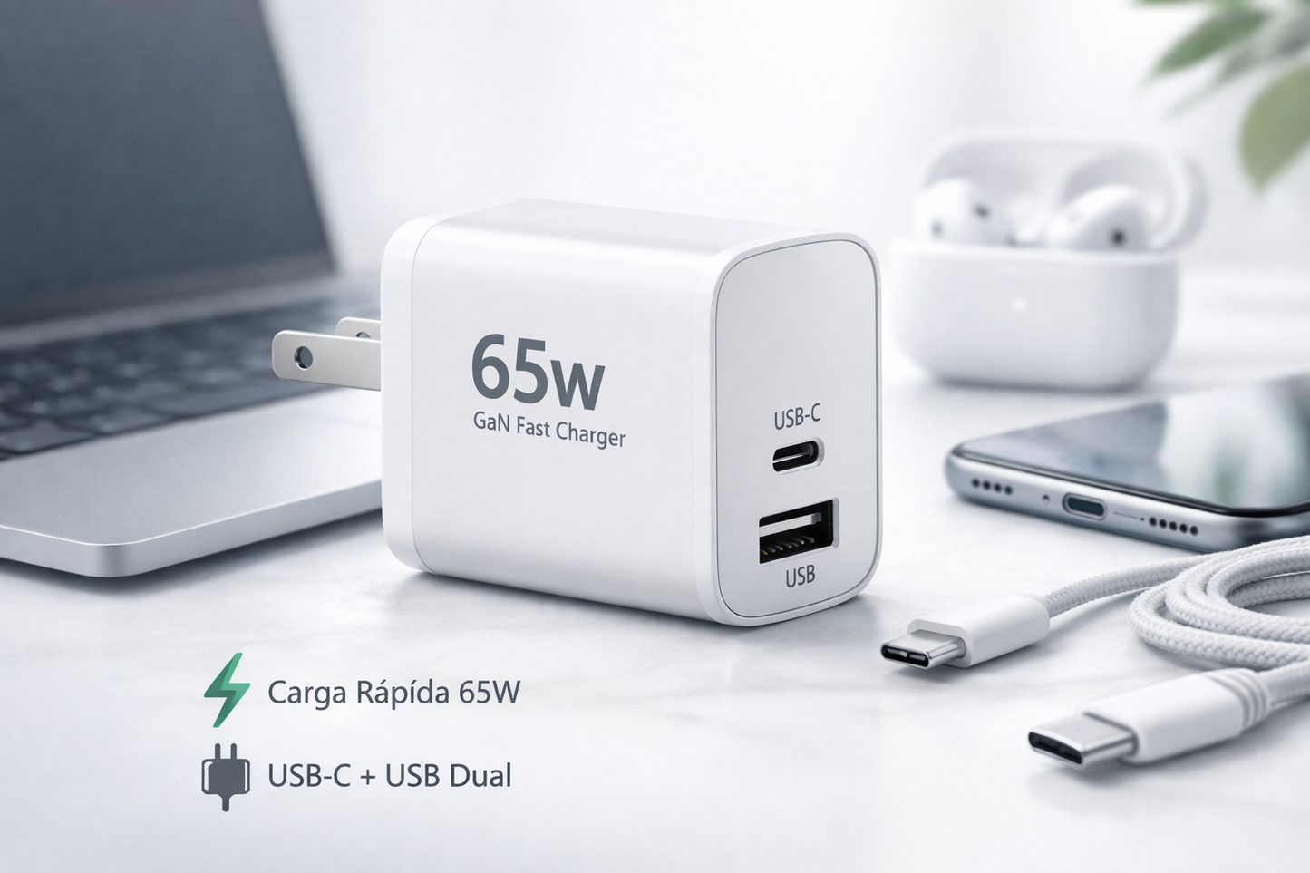 Cargador Rápido GaN 65W USB‑C + USB | Carga Ultra Rápida para Celulares, Tablets y Notebooks