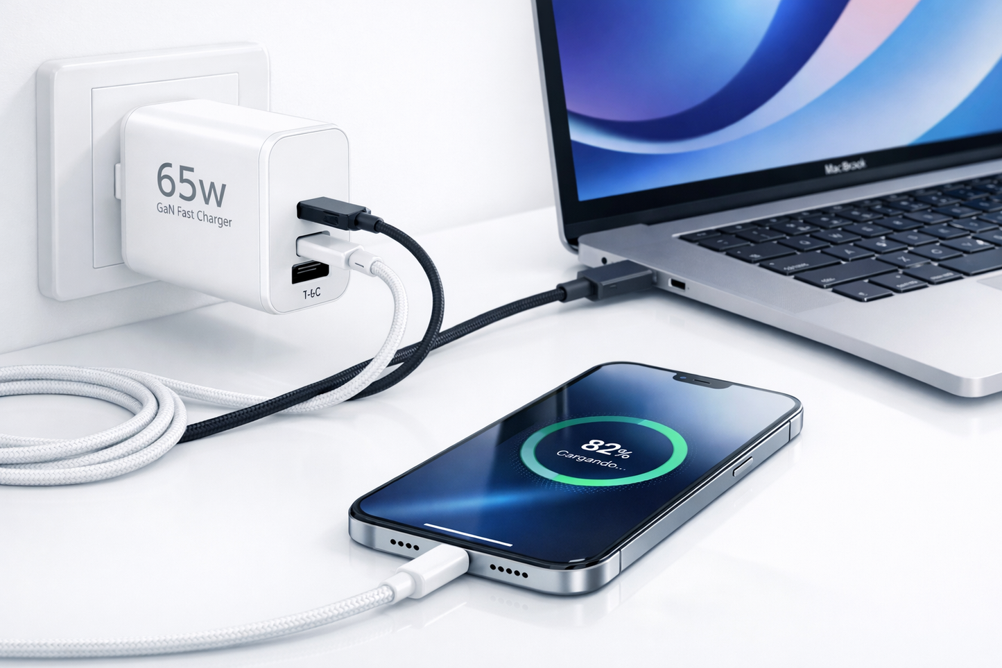 Cargador Rápido GaN 65W USB‑C + USB | Carga Ultra Rápida para Celulares, Tablets y Notebooks