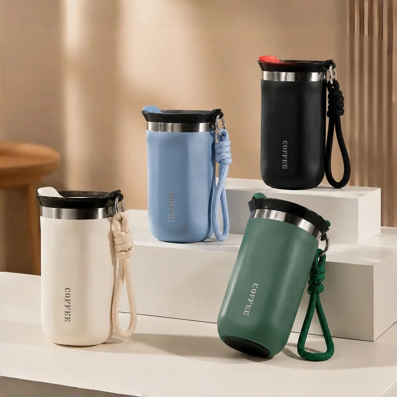 Vaso Térmico 350/500ML con Soga y Tapa | Acero Inoxidable | Para Café, Auto y Oficina