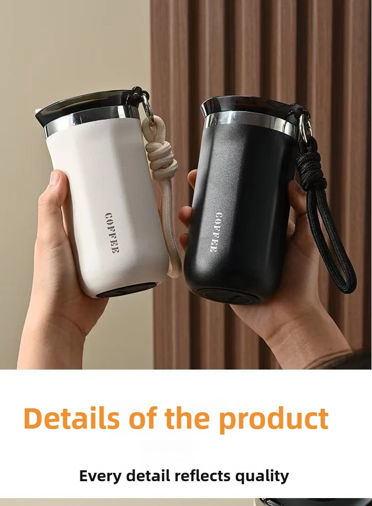 Vaso Térmico 350/500ML con Soga y Tapa | Acero Inoxidable | Para Café, Auto y Oficina