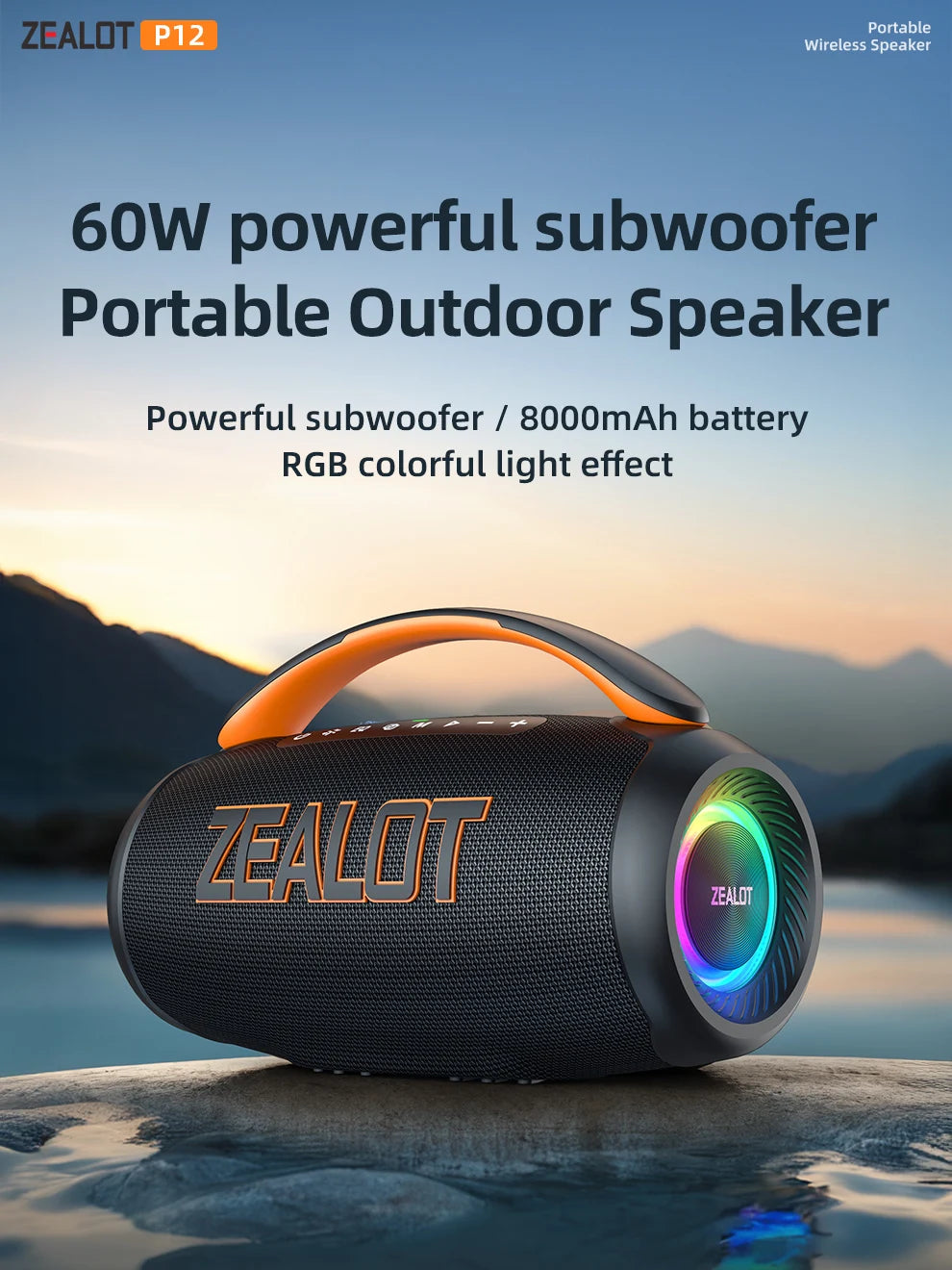 Parlante Bluetooth Portátil Zealot P12 60W | IPX6 Resistente al Agua | Luces LED | TF y USB | Para Camping