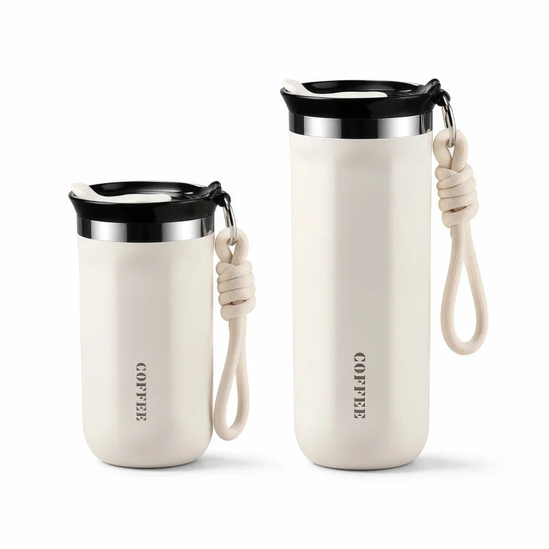 Vaso Térmico 350/500ML con Soga y Tapa | Acero Inoxidable | Para Café, Auto y Oficina