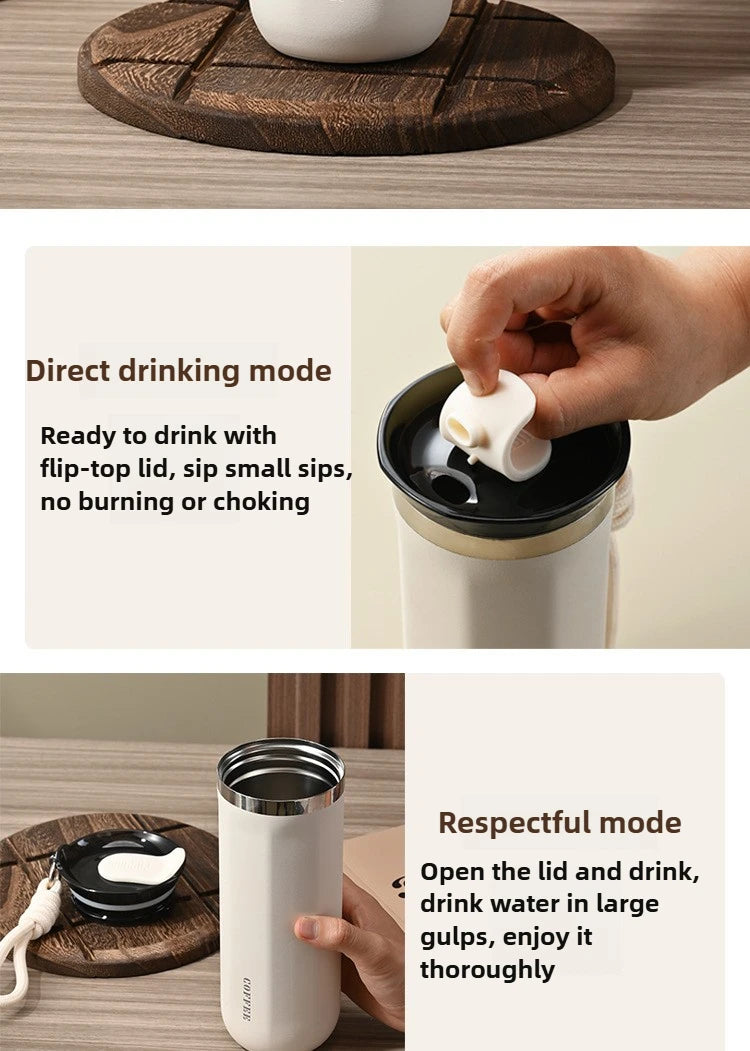 Vaso Térmico 350/500ML con Soga y Tapa | Acero Inoxidable | Para Café, Auto y Oficina