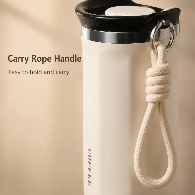 Vaso Térmico 350/500ML con Soga y Tapa | Acero Inoxidable | Para Café, Auto y Oficina