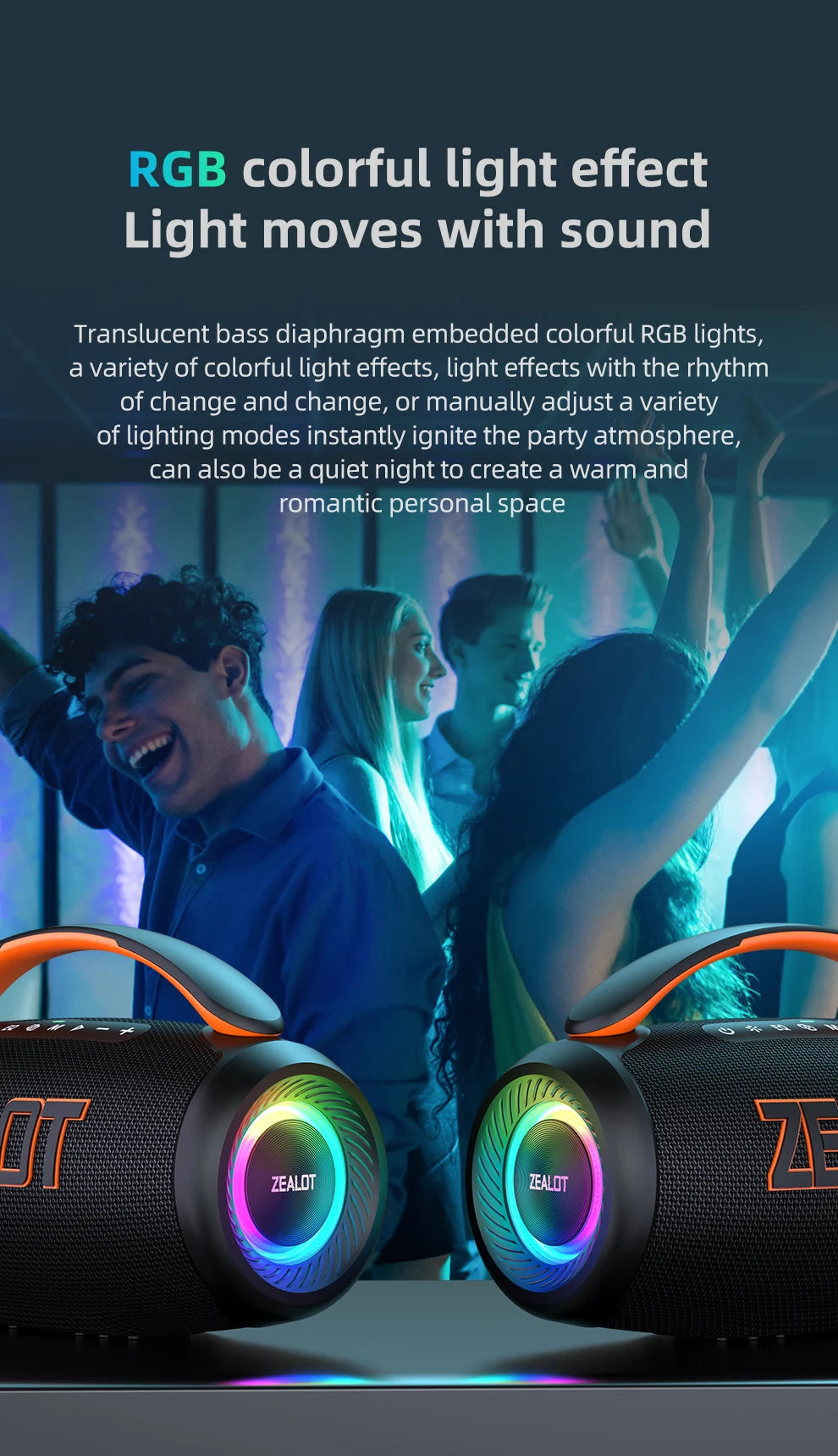 Parlante Bluetooth Portátil Zealot P12 60W | IPX6 Resistente al Agua | Luces LED | TF y USB | Para Camping