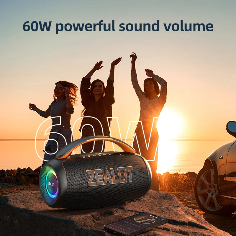 Parlante Bluetooth Portátil Zealot P12 60W | IPX6 Resistente al Agua | Luces LED | TF y USB | Para Camping