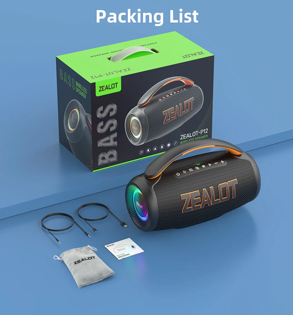 Parlante Bluetooth Portátil Zealot P12 60W | IPX6 Resistente al Agua | Luces LED | TF y USB | Para Camping