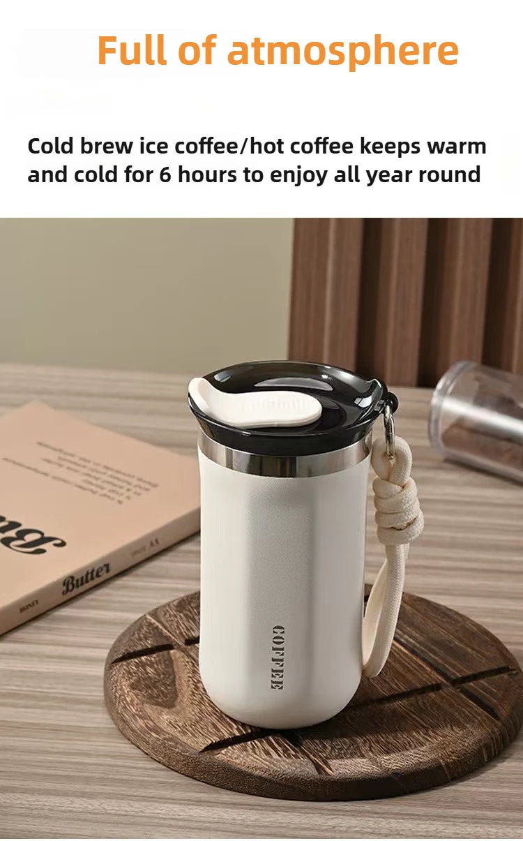 Vaso Térmico 350/500ML con Soga y Tapa | Acero Inoxidable | Para Café, Auto y Oficina