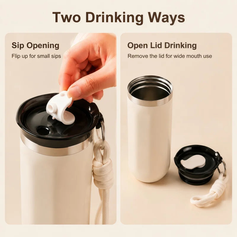 Vaso Térmico 350/500ML con Soga y Tapa | Acero Inoxidable | Para Café, Auto y Oficina