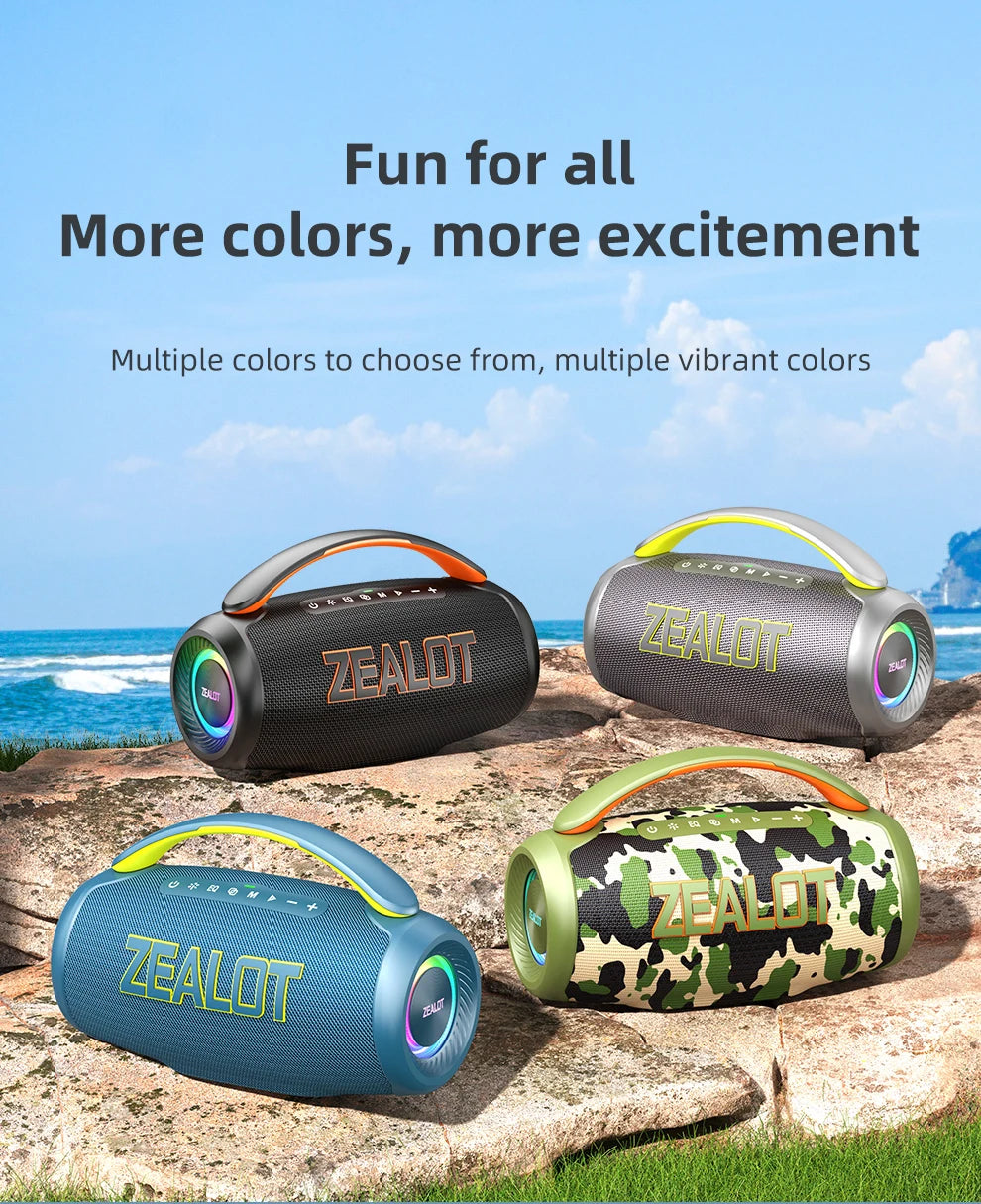Parlante Bluetooth Portátil Zealot P12 60W | IPX6 Resistente al Agua | Luces LED | TF y USB | Para Camping
