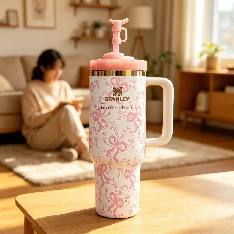 Vaso Stanley x LoveShackFancy 40oz | Diseño Floral Rosa | Doble Pared, Acero Inoxidable, Hermético