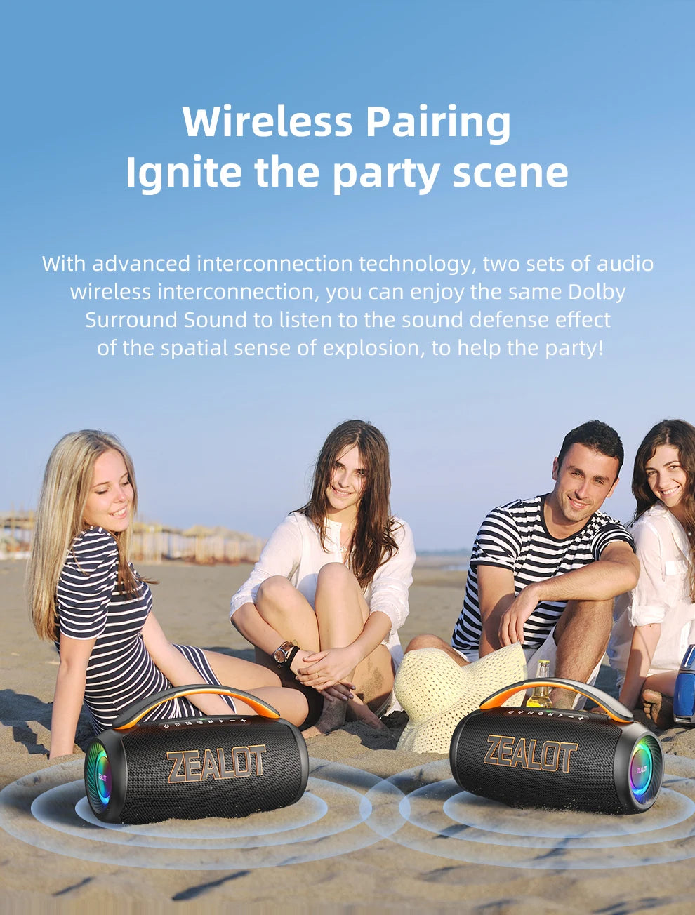 Parlante Bluetooth Portátil Zealot P12 60W | IPX6 Resistente al Agua | Luces LED | TF y USB | Para Camping
