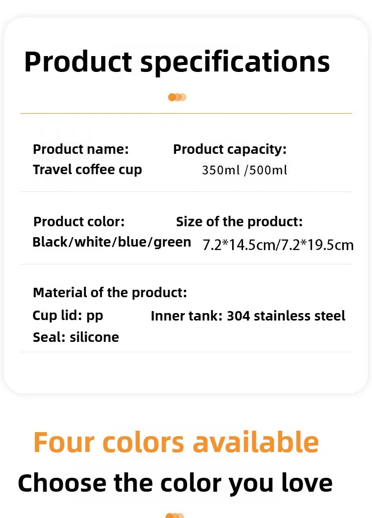 Vaso Térmico 350/500ML con Soga y Tapa | Acero Inoxidable | Para Café, Auto y Oficina