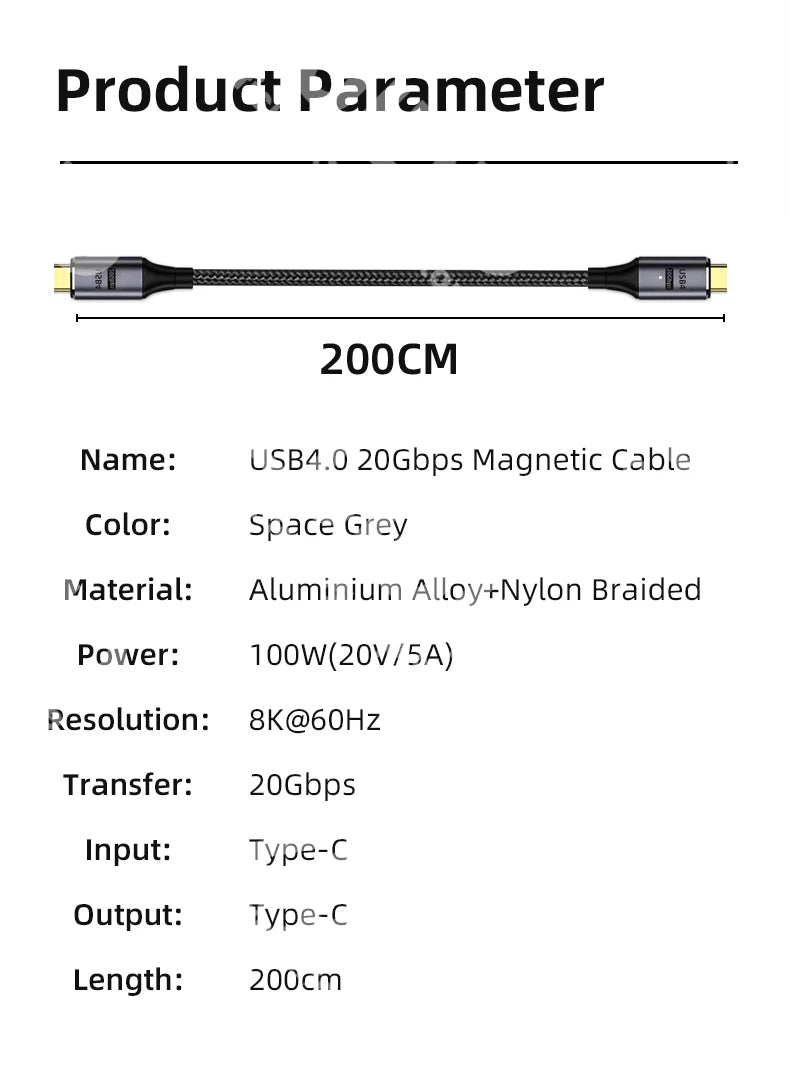 Cable USB4.0 Magnético 100W PD | 20Gbps | Video 8K@60Hz | Compatible con MacBook Pro | 2m