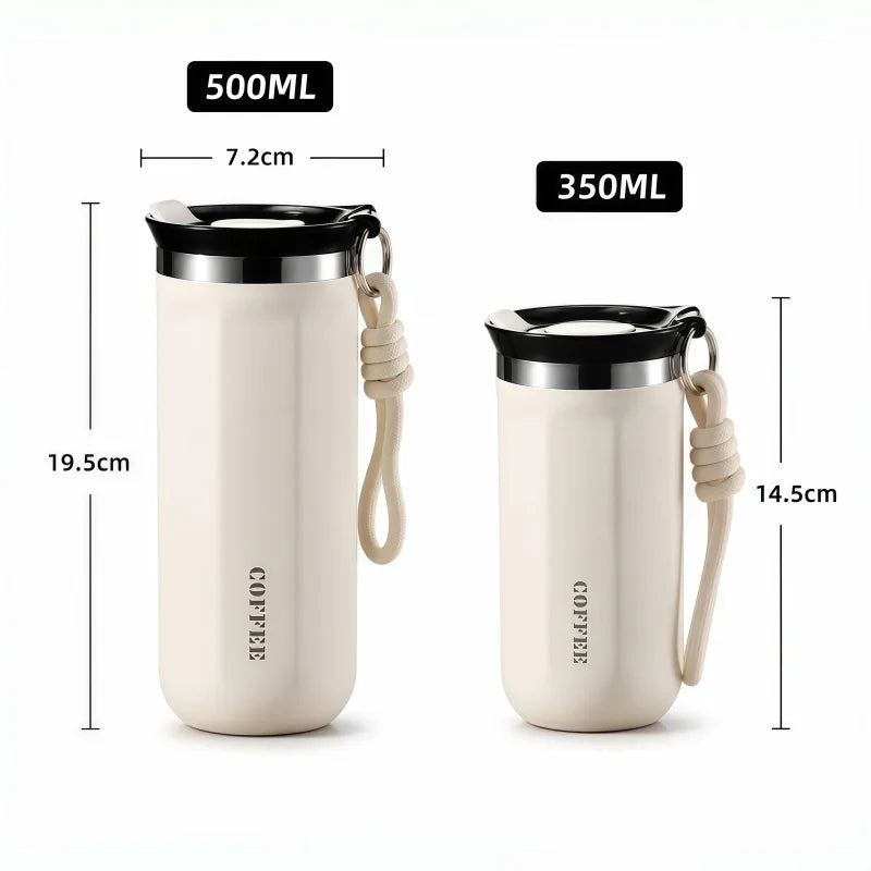 Vaso Térmico 350/500ML con Soga y Tapa | Acero Inoxidable | Para Café, Auto y Oficina