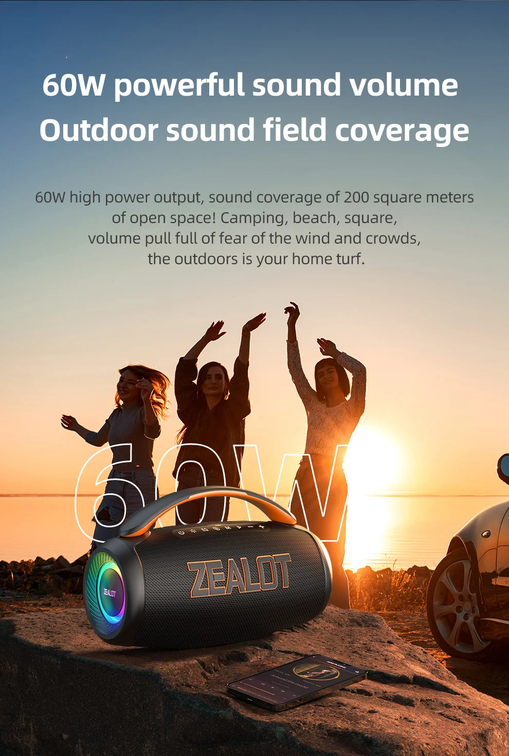 Parlante Bluetooth Portátil Zealot P12 60W | IPX6 Resistente al Agua | Luces LED | TF y USB | Para Camping