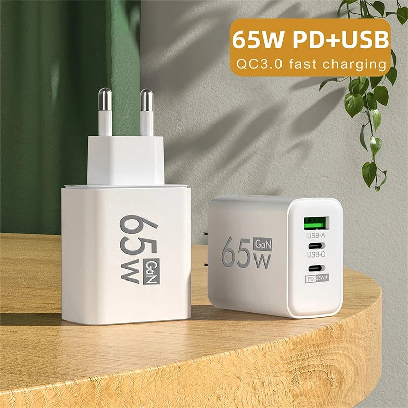 Gan Fast Charging 65W USB Type C Charger EU KR PD 3.0 Quick Charge Wall for Phone Adapter for Iphone 15 Xiaomi Huawei Samsung